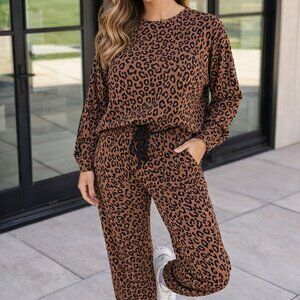 Brown Varsity Striped Trim Leopard Long Sleeve Top & Drawstring Pant Set
